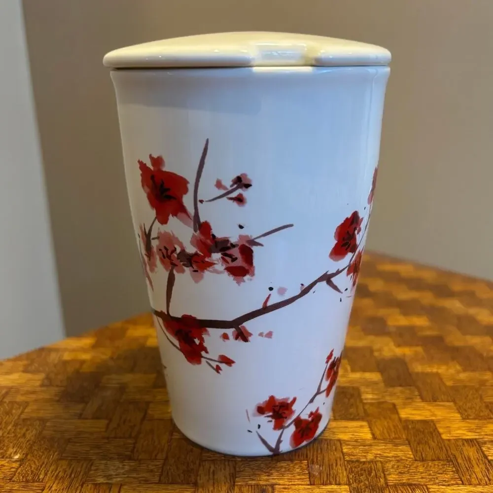 TEA FORTE Ceramic Tea Cup with Cover White/Red 12 oz